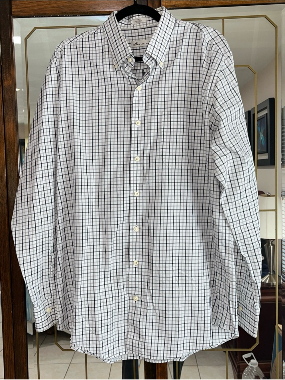 Peter Millar White & Gray Plaid Button-Down Shirt Large